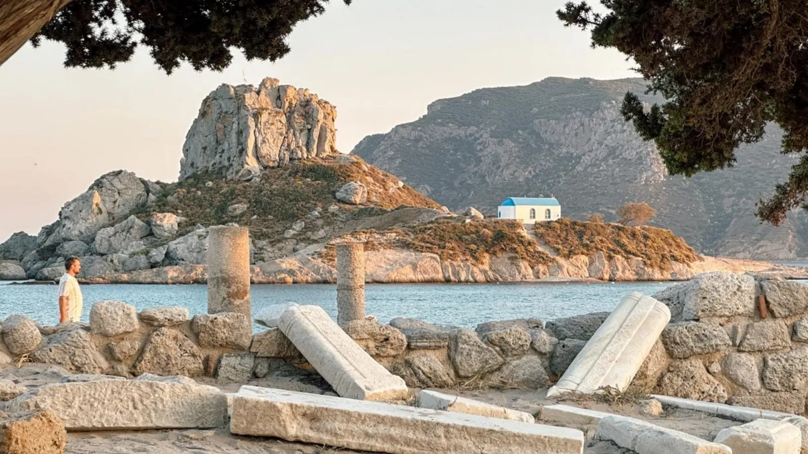 Panoramic view of Kos Island featuring ancient ruins and turquoise waters